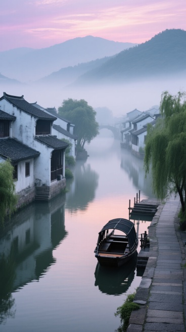 超写实风景摄影，清晨薄雾笼罩的江南水乡，青瓦白墙的徽派民居错落分布于蜿蜒的河道两岸，乌篷船静静泊在码头，岸边垂柳依依，远处青山如黛，天空呈现柔和的粉紫色朝霞，水面倒映着建筑与晨光，色调清新淡雅，光影柔和，氛围宁静悠远，构图采用三分法，道路延伸感强，细节丰富，色彩和谐统一。预览效果