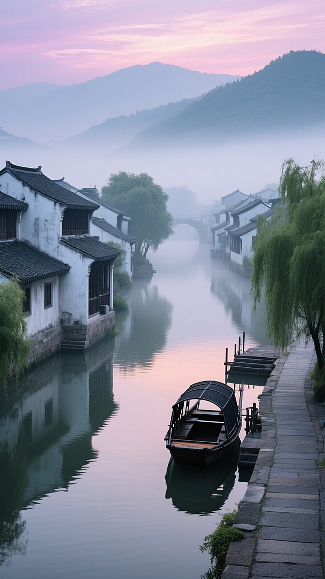 超写实风景摄影，清晨薄雾笼罩的江南水乡，青瓦白墙的徽派民居错落分布于蜿蜒的河道两岸，乌篷船静静泊在码头，岸边垂柳依依，远处青山如黛，天空呈现柔和的粉紫色朝霞，水面倒映着建筑与晨光，色调清新淡雅，光影柔和，氛围宁静悠远，构图采用三分法，道路延伸感强，细节丰富，色彩和谐统一。