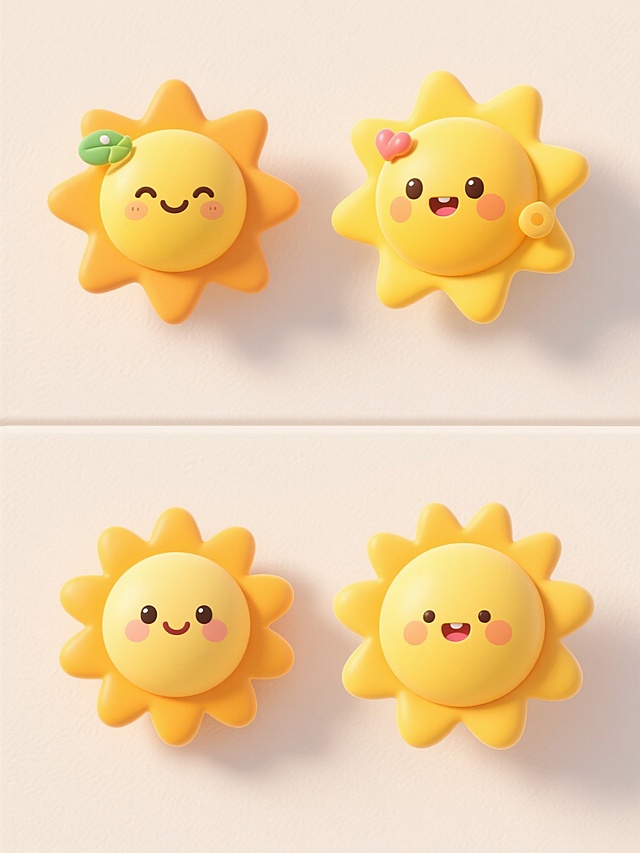 4个不同样式造型风格的太阳元素，上下两行对齐排列，浅色背景，3D立体风格，圆润可爱造型，明亮黄色调，温暖阳光氛围，每个太阳有独特表情与装饰，卡通化设计，平滑渐变质感，柔和光影效果，无文字无logo，适合儿童或夏季主题的图标设计。