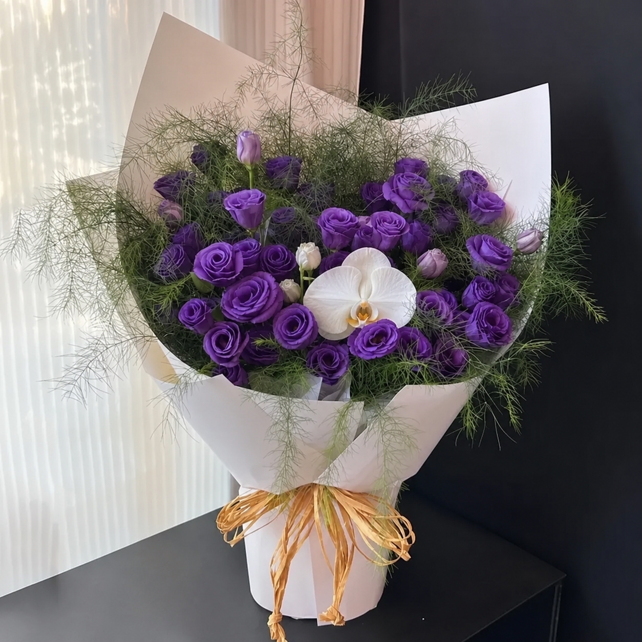 去掉花束中的2朵白色郁金香，在花束中添加一朵图2中的白色蝴蝶兰… - 图片创意预览