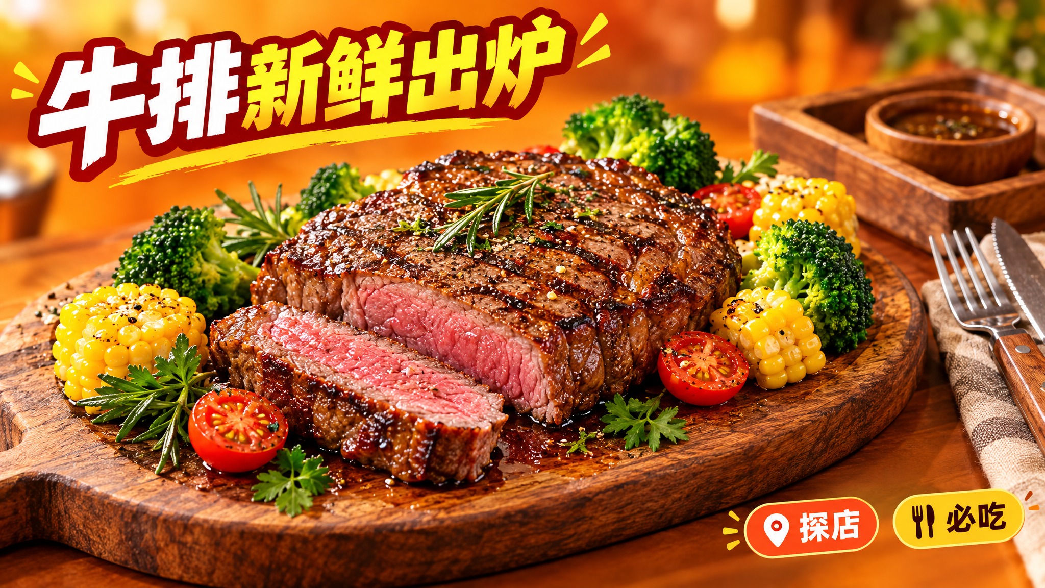 活力美食风格的高饱和美食摄影图，16:9 横版构图。暖橙色背景… - 图片创意预览