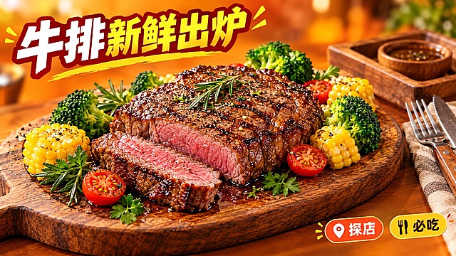 活力美食风格的高饱和美食摄影图，16:9 横版构图。暖橙色背景，画面中心是一盘色泽诱人的炙烤牛排，表面油亮焦香、切开露出粉嫩多汁的切面，盘中搭配新鲜西兰花、小番茄、玉米段与新鲜香草，旁边摆放木质刀叉与木托板餐具。背景做虚化处理突出主体，光线明亮温暖。左上角用粗体大字预留标题框，文字内容为“牛排新鲜出炉”，字体醒目有设计感、清晰易读；右下角添加简约标签图标，文字为“探店”“必吃”，排版干净利落。整体色彩高饱和、有食欲感、潮流探店海报风格。