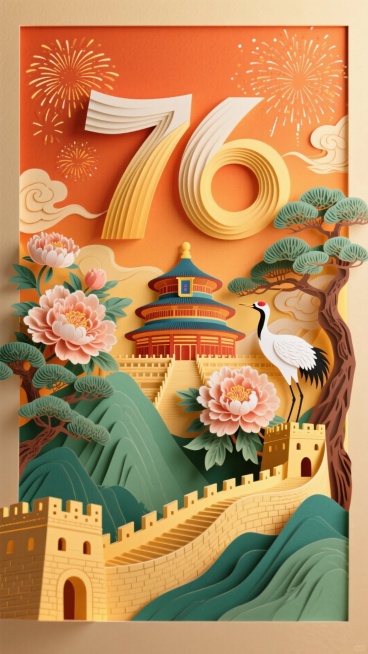 中国风国潮插画，暖色调营造喜庆感，竖版构图。主体含艺术“76”、天坛、长城，搭配白兔、仙鹤、牡丹、松树；背景是祥云烟花的暖橙天空与青绿山峦，尽显双节同庆的传统氛围。预览效果