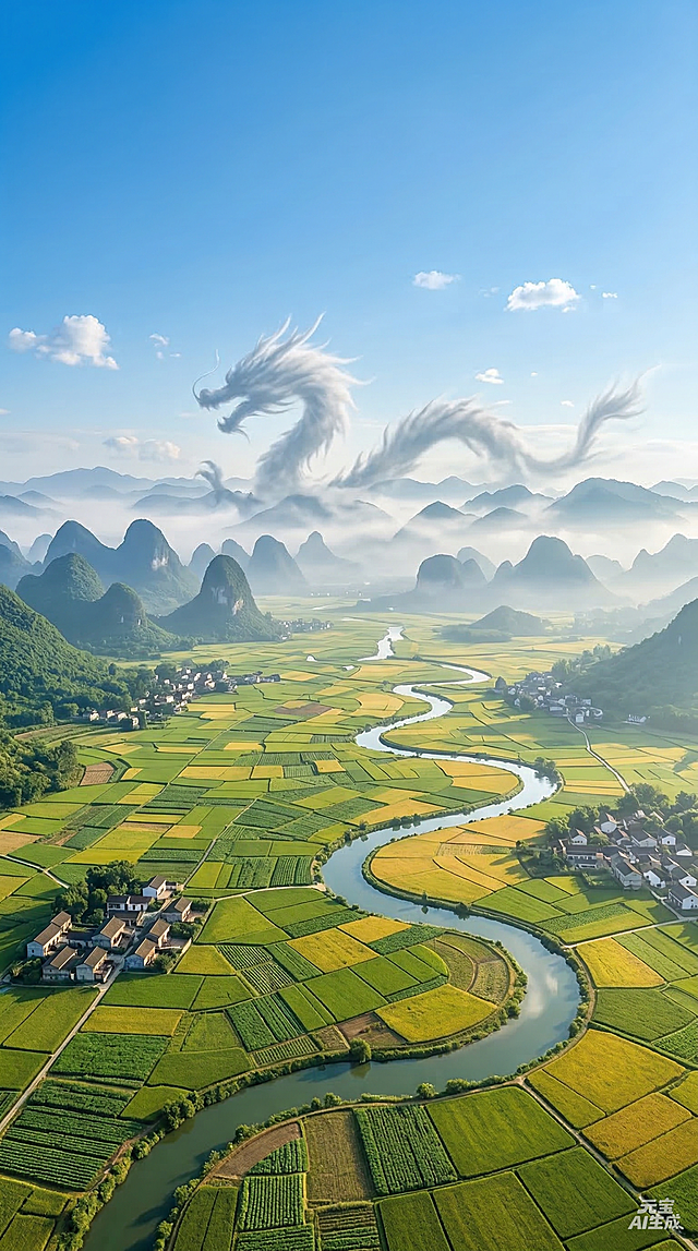超写实风格，俯瞰广角，绿色农田，远处薄雾山峦中有一只云彩组成的中国龙（写意，不要具体），清新绿黄配色，大面积晴朗蓝天，光影柔和，电影级质感，8K高清，细腻笔触，梦幻宁静氛围