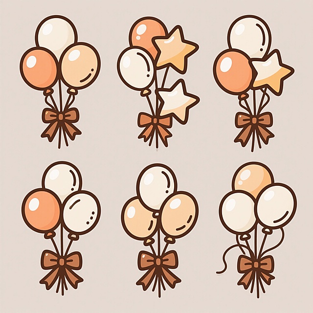 一套由6个不同造型气球束组成的系列插画，每个气球束均保持相同的元素内容：3个圆形气球和2个星形气球通过丝带绑在一起并系有蝴蝶结，采用简约手绘风格，线条为深棕色描边，气球表面有白色高光圆点和弧线，背景为纯色系。6个造型在气球排列方式、大小比例、丝带飘动方向和蝴蝶结样式上各具特色，形成完全不同的视觉呈现，整体以规整的网格状排布，每个气球束的整体色彩方案各不相同，均保持明快活泼的色调，所有元素保持统一的简约卡通风格，画面清晰简洁。