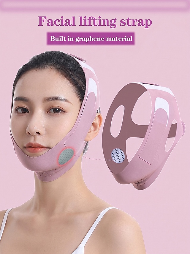替换图中的模特，保留瘦脸绷带产品和所有文字信息，换成一位东亚女性模特，保持整体构图、粉色背景和产品位置不变