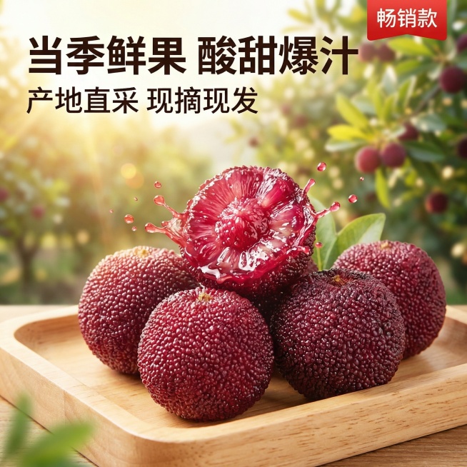 [主图 1] 首图/点击率
[主图主题] 新鲜当季杨梅电商首图
[氛围/风格] 清新自然生鲜风，自然暖阳逆光，极致食欲感
[画面元素] 几颗饱满红紫的新鲜杨梅放置在浅色木质托盘上，一颗杨梅被切开，展现预览效果