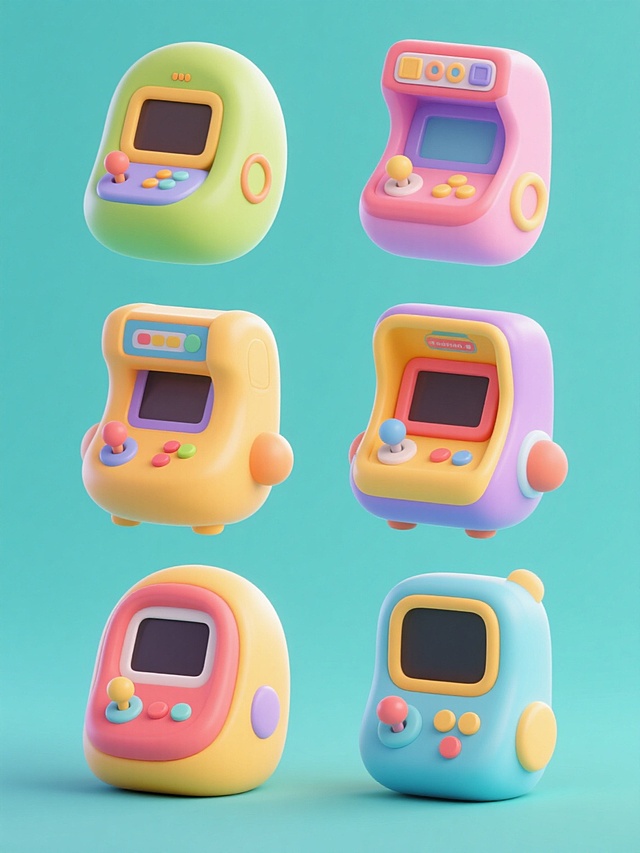 一套6个完全不同的游戏机系列素材集合，保持3D立体风格，圆润可爱的造型，明亮鲜艳的色彩搭配，柔和的高光和阴影效果，每个游戏机都有独特的设计和颜色组合，纯色背景，规整排布成两行三列的网格布局，整体视觉统一且富有童趣，每个游戏机元素都具有清晰的轮廓和细腻的质感，传达出活泼欢快的氛围，适合作为游戏相关的宣传或装饰素材。