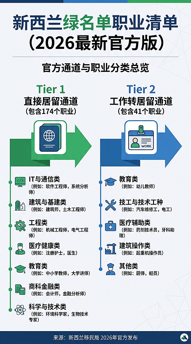 现代感信息图表，科技风配色与3D立体图标结合，清晰呈现新西兰绿名单职业分类，赛博朋克风格箭头引导视觉动线，虚拟现实感布局提升专业度。
