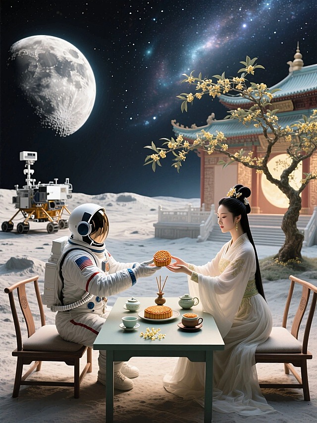 宇航员和嫦娥对坐在方形茶桌拿着同一块月饼，桌上有茶具、月饼、桂花香薰，画面左边一边是（月球表面，停着一个月球探测器），右边是（广寒宫宫殿，宫殿前有一棵桂花树），背景是宇宙星空