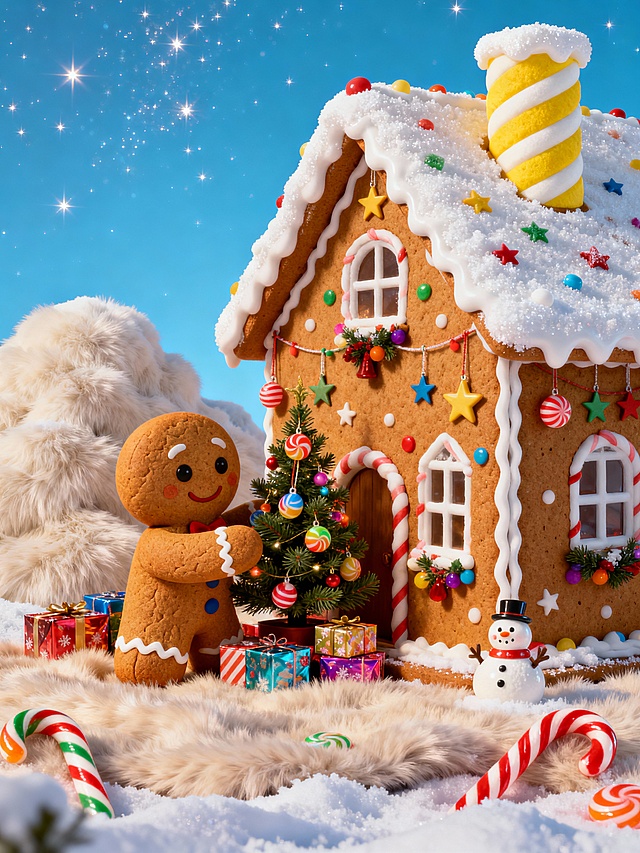 3D风粘土质感的圣诞姜饼屋，融合微缩艺术与重拟物设计，搭配毛发生长风雪景，营造喜庆梦幻的甜蜜卡通世界。