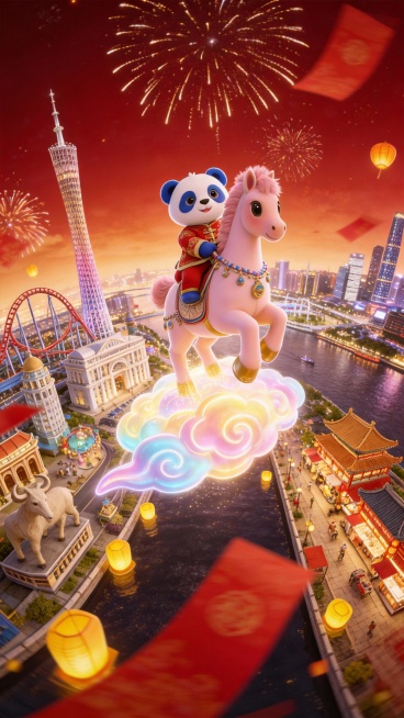 5张连贯分镜图，适配15秒马年新年短片，皮克斯风3D动画整体为喜庆红金，暖色调，画面清晰明亮:第一张是穿着红色汉服和裤子的蓝白熊猫如图上的熊猫抱着粉色萌马，背景有祥云和古建筑轮廓；
第二张是蓝白熊猫骑预览效果