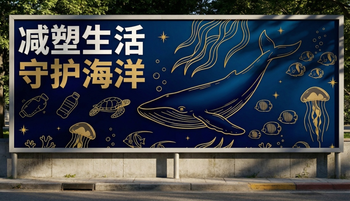 为路边广告牌添加自然光影效果，包括环境光投射的阴影、广告牌表面的明暗层次，提升画面真实感，保持原有蓝金配色和内容预览效果