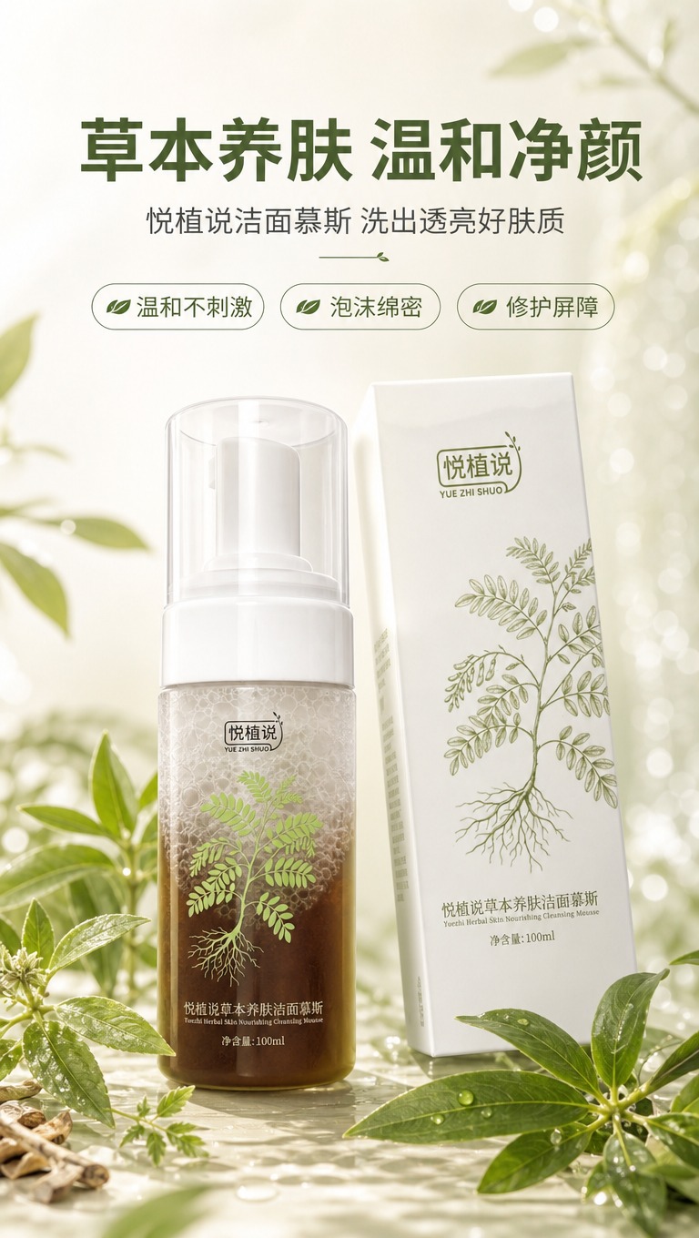 [商品] 使用【图1】悦植说草本养肤洁面慕斯瓶装+【图3】外包… - 图片创意预览
