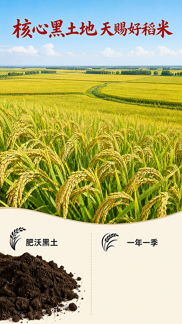 [第2屏] 东北核心产区展示专屏。本屏生成产地实景，不使用输入商品图。
[氛围/风格] 自然清新田园风，绿色稻田实景，真实摄影质感，空气通透阳光充足。
[元素布局] 画面上半部分展示广阔的东北黑土地稻田实景，风吹稻浪金黄饱满，画面下半部分留出信息展示区域，左侧放黑土地土壤特写，右侧放产品名称介绍。整体层次分明，突出产地生态优势。
[光影质感] 正午柔和自然光，整体明亮通透，稻浪层次清晰可见，土壤质感真实。
[配色色系] 全局底色：#F8F3E6（浅米色）；主体配色：#8FBC34（稻叶绿色）+#D4AF37（稻穗金色）+#3D2B1F（黑土地棕色）；辅助色：#B22222（红色标题）。
[视角构图] 全景俯视视角，稻田占画面上三分之二，信息区占下三分之一，阅读动线从上到下自然流畅。
[文字版式] 顶部大标题+下侧信息分区。主标题「核心黑土地 天赐好稻米」红色字体，居中对齐，字号为画面宽度8%；左侧「肥沃黑土」小标签，右侧「一年一季」小标签，均为深色字体，搭配简单稻穗图标。字形使用适度书法感标题字体搭配无衬线正文字体，全套仅使用黑色和红色两种字色，统一纯色填充字效。
[比例分辨率] 9:16竖版比例，4K分辨率，文字清晰可辨，超高清。
[负向提示词] 稻穗枯萎，土地贫瘠，画面灰暗，文字错乱，背景杂乱，水印。