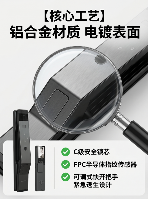 [主图 3] 展示春御-C8智能锁核心材质细节
[氛围风格] 现代专业，突出材质质感，保持和整套主图一致风格
[画质] 商业摄影质感、光线通透柔和、产品清晰真实、画面干净高级
[元素] 画面采用中心放预览效果
