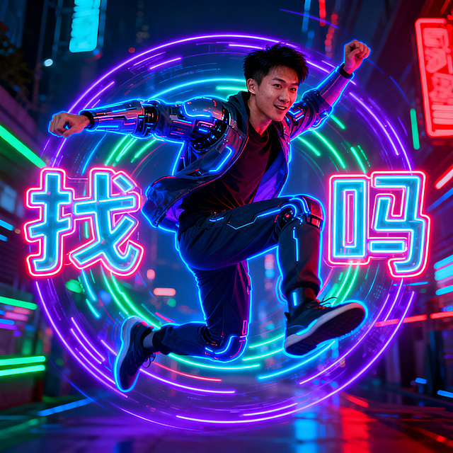 生成一张炫酷风格表情包，动态人物pose，赛博朋克炫酷排版，发光霓虹效果，未来科技感，高饱和配色表情包设计
