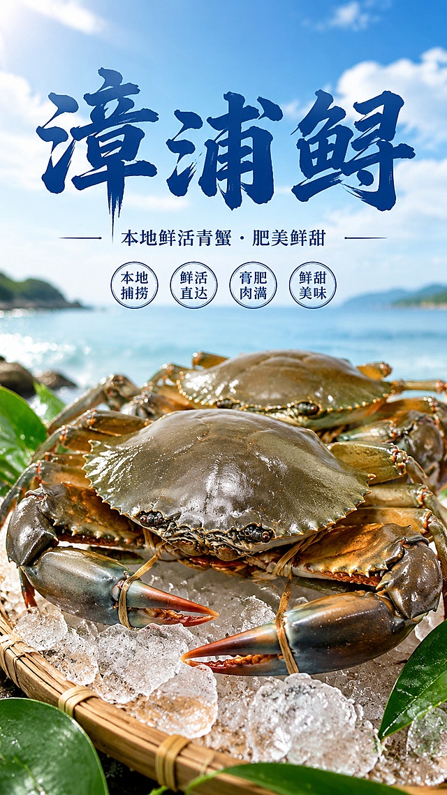 超市本地漳浦鲟宣传海报，标题文字是“漳浦鲟”，展示本地新鲜青蟹，突出漳浦鲟新鲜肥美的产品特点，不显示价格，海报底部不要有UI部分，干净简洁风格，生鲜宣传设计