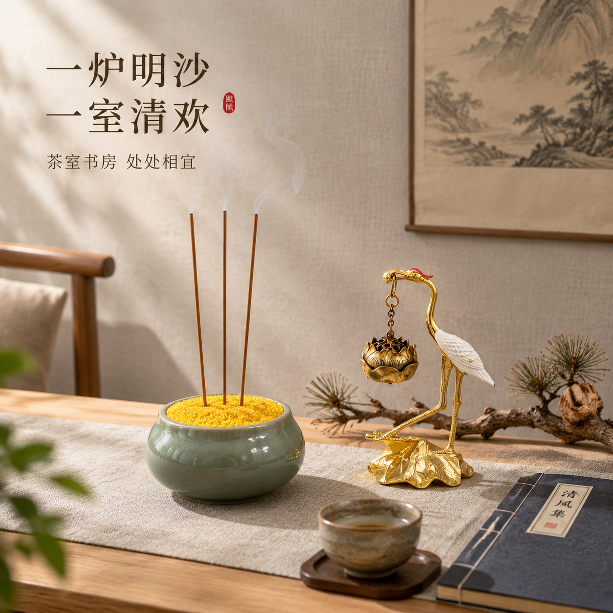 [主图-3] 风格搭配与场景陈列，展示金玉明沙香炉套装在茶室空… - 图片创意预览