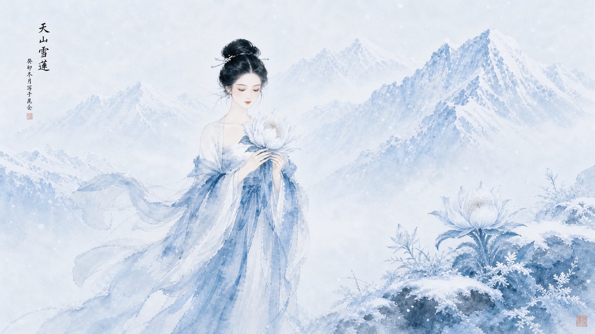 中国风水墨画，横版构图，天蓝色调。参考图二中的古风美女形象，身… - 图片创意预览