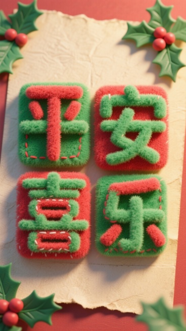 “平安喜乐”采用复古3D方块字母，覆盖着模糊的绿色和红色毛绒，复古圣诞贺卡风格，带有轻微的毛毡和缝线细节，柔和的投影，放置在带有经典冬青叶图案的有纹理、略微泛黄的纸张背景上。预览效果