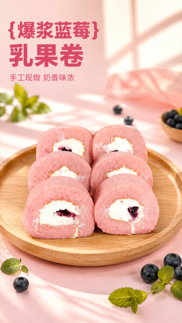 「图片1」，生成一套主图（6张），商品名称是蓝莓乳果卷，适配淘宝/天猫平台，主图比例为9:16预览效果