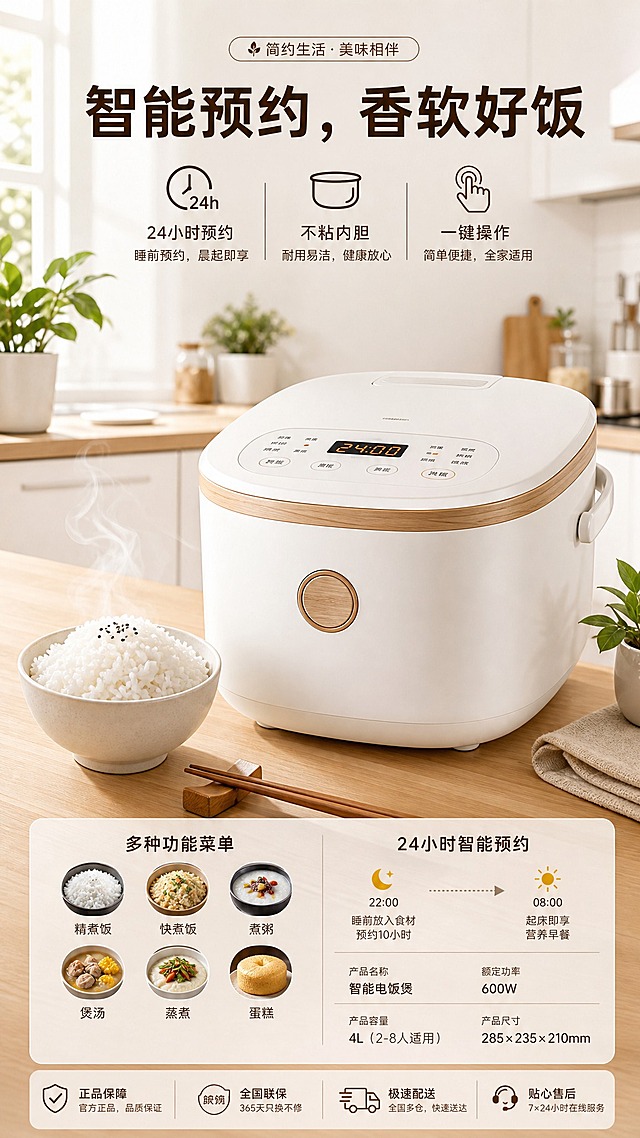 现代简约风格的电饭煲电商商品海报，竖版 9:16 比例。画面干净温馨，主色调为白色与浅木色，营造温暖的家庭氛围。海报视觉焦点是一台现代简约设计的白色电饭煲，圆润简洁、机身带有浅木色装饰细节，摆放在明亮整洁的浅木色厨房台面上；电饭煲旁边放着一碗热气腾腾、颗粒饱满的香喷喷白米饭和一双木筷子，米饭热气微微升腾，展现诱人食欲。背景是通透明亮的厨房台面，浅色橱柜与柔光窗户，台面上点缀几盆绿色小盆栽，清新自然。海报上方设置大字主标题「智能预约，香软好饭」，醒目清晰、现代字体；下方排列三条小字卖点标签「24小时预约」「不粘内胆」「一键操作」，简洁易读。版式精美，留白舒适，文字放置在画面留白处、不遮挡产品主体，产品占据视觉主导位置，光源为顶部自然柔光与侧前方柔光，画面干净、温馨、诱人，突出电饭煲的便捷与美味。整体超高清商业摄影质感。画面中所有信息区域、套餐卡片、价格表格、权益列表、对比模块、福利条目、课程大纲、议程、嘉宾介绍区等必须填充完整合理的内容，不得出现空白框、空白占位、横线待填写区域、空列表项、空单元格；用户未提供具体内容时，基于海报主题和场景合理补全典型内容，确保是完整可用的成品海报而非待填写模板。画面中所有数字必须精确渲染，不得出现错位、遗漏或编造的数字，「24小时」必须准确呈现。9:16 竖版比例。