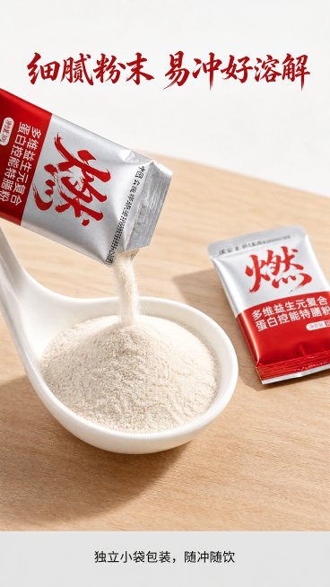 [第3屏] 产品质地特写，溪公主多维益生元蛋白控能特膳粉，展示细腻粉末质感。
[氛围/风格] 微距写实风，真实自然，突出粉末细腻均匀。
[元素布局] 画面主体为打开的一袋特膳粉，倒出部分粉末在白色陶瓷预览效果