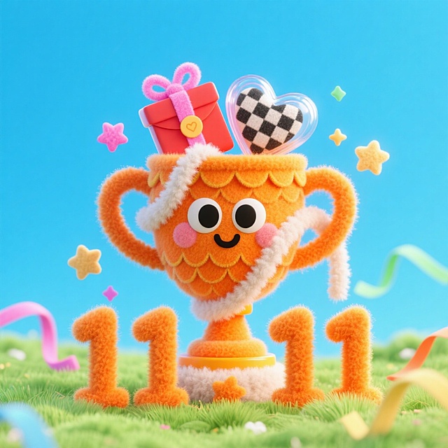 画面主体是一个拟人化的橙色奖杯形象，它有着大大的黑色眼睛和可爱的笑脸，显得十分俏皮活泼。奖杯上方装着礼盒、红包，还有透明带粉色星星的装饰、黑白格纹的心形等元素，周围环绕着星星、彩带等，整体在蓝天绿草的背景下，旁边“11.11”毛绒字体装饰，营造出一种欢快、充满想象力的氛围，仿佛是在一个充满童趣的梦幻世界里，展现出活力与创意的融合。