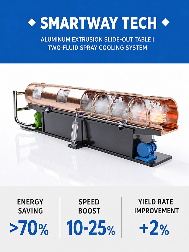 智汇湾节能科技(佛山)有限公司
SMARTWAY ALUMINUM EXTRUSION TECHNOLOGIES (FOSHAN) CO., LTD.
铝型材挤压滑出台 | 二流体喷雾冷却系统
智能 · 创新

核心优势

节电 >70%
提速 10-25%
成品率 提升2%+

核心技术

压缩空气 + 冷却水 → 高效混合腔 → 精密雾化喷嘴 → 型材均匀冷却

水雾颗粒≤50μm，全域覆盖均匀
搭载多点红外线测温系统，智能匹配喷雾点位与输出功率，保证型材各区域温度均匀
跟随生产挤压节拍动态变化，全自动调节冷却功率，适配产线运行节奏
智能温控系统，冷却效率提升 300%
可无缝对接现有挤压生产线，免大幅改线
适用范围

建筑铝型材 | 工业铝型材 | 汽车轻量化部件 | 新能源电池壳体 | 3C电子散热型材 | 航空航天铝材

客户实测数据
适配1000吨挤压机 · 年产1000吨工况

吨电耗：45 kWh → 12 kWh → 节电73%
挤压速度：7 mm/s → 8 mm/s → 提速15%
成品率：88% → 90% → 提升2%
冷却时间：45秒 → 15秒 → 缩短67%

年度经济效益测算
系统额定功率：13.5KW | 按年产1000吨型材核算

年度节省电费：约 18 万元
年新增产能：约 250 吨
年减少废品损耗：约 100 万元
综合年增收效益：约 138 万元

产品参数

设备额定功率：13.5KW
适配挤压机：600T - 10000T
冷却介质：压缩空气 + 工业软化循环水
雾化粒径：≤50μm
测温控制：多点红外线测温，智能控温，随挤压节拍自动调节冷却功率
控制系统：PLC + 触摸屏，支持远程监控
安装周期：3-7 个工作日
喷嘴布局：定制化设计，全覆盖冷却区
整机寿命：≥10 年，核心部件 5 年质保

资质认证

发明专利 2 项 | 实用新型专利 5 项

智汇湾节能科技(佛山)有限公司
SMARTWAY ALUMINUM EXTRUSION TECHNOLOGIES (FOSHAN) CO., LTD.

电话：17766312249（张经理）微信同号
邮箱：yandufei@163.com
地址：广东省佛山市南海区铝协大厦B1102室

展会专属优惠

免费上门勘察，定制专属冷却方案
展会现场签约立享 9 折优惠
设备首年核心部件免费维保
【第2面：英文版】
SMARTWAY ALUMINUM EXTRUSION TECHNOLOGIES (FOSHAN) CO., LTD.
智汇湾节能科技(佛山)有限公司
ALUMINUM EXTRUSION SLIDE-OUT TABLE | TWO-FLUID SPRAY COOLING SYSTEM
INTELLIGENT · INNOVATION

CORE ADVANTAGES

Energy Saving >70%
Speed Boost 10-25%
Yield Rate Improvement +2%

CORE TECHNOLOGY

Compressed Air + Cooling Water → High-Efficiency Mixing Chamber → Precision Atomizing Nozzle → Uniform Profile Cooling

Atomized water droplet size ≤50μm, achieving full and even coverage across the entire cooling zone
Equipped with multi-point infrared temperature measurement system, intelligently matching spray points and output power to ensure uniform temperature distribution across all profile areas
Dynamically follows the extrusion production rhythm, fully automatically adjusting cooling power to seamlessly adapt to production line operating pace
Intelligent temperature control system, boosting cooling efficiency by 300%
Can be seamlessly integrated into existing extrusion production lines with no major modification required
APPLICATIONS

Architectural Aluminum Profiles | Industrial Aluminum Profiles | Automotive Lightweight Components | New Energy Battery Casings | 3C Electronics Heat Dissipation Profiles | Aerospace Aluminum Profiles

FIELD TEST DATA
Compatible with 1000T Extruder · Annual Output of 1000T

Power Consumption per Ton: 45 kWh → 12 kWh → Energy Saving 73%
Extrusion Speed: 7 mm/s → 8 mm/s → Speed Boost 15%
Yield Rate: 88% → 90% → Improvement +2%
Cooling Time: 45 sec → 15 sec → Time Reduction 67%

ANNUAL ECONOMIC BENEFITS
System Rated Power: 13.5KW | Calculated Based on Annual Output of 1000T

Annual Electricity Cost Savings: Approximately ¥180,000 / 
25
,
000
𝐴
𝑛
𝑛
𝑢
𝑎
𝑙
𝐶
𝑎
𝑝
𝑎
𝑐
𝑖
𝑡
𝑦
𝐼
𝑛
𝑐
𝑟
𝑒
𝑎
𝑠
𝑒
:
𝐴
𝑝
𝑝
𝑟
𝑜
𝑥
𝑖
𝑚
𝑎
𝑡
𝑒
𝑙
𝑦
250
𝑇
𝑜
𝑛
𝑠
𝐴
𝑛
𝑛
𝑢
𝑎
𝑙
𝑆
𝑐
𝑟
𝑎
𝑝
𝑅
𝑒
𝑑
𝑢
𝑐
𝑡
𝑖
𝑜
𝑛
𝑆
𝑎
𝑣
𝑖
𝑛
𝑔
𝑠
:
𝐴
𝑝
𝑝
𝑟
𝑜
𝑥
𝑖
𝑚
𝑎
𝑡
𝑒
𝑙
𝑦
¥
1
,
000
,
000
/
25,000AnnualCapacityIncrease:Approximately2