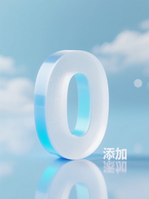 极简风格3D渲染，主体为巨大的半透明磨砂质感白色立体数字“0”，表面有细腻的纹理，边缘有蓝色渐变光效，位于画面中央偏下位置，下方右侧有小型立体“添加”二字，整体悬浮于柔和渐变的浅蓝色背景上，背景带有轻微的云层纹理和模糊光斑，营造出干净、通透、高端的氛围，物体底部有清晰的倒影，光线柔和均匀，无其他文字元素，突出“0添加”的核心概念，设计简约现代，视觉层级明确，信息传达高效。预览效果