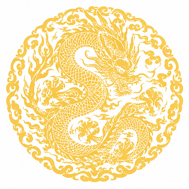 参考原图的圆形龙纹剪纸风格，重新生成金色中国龙圆形纹样，保持金色线条白色背景的剪纸风格，圆形构图完整