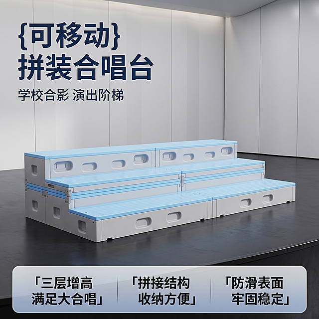 [主图 1] 校园大礼堂内的拼装式合唱台产品首图
[氛围风格] 专业大气的商用展示风格
[画质] 商业摄影质感，光线柔和通透，产品清晰真实，画面干净高级
[元素] 三层拼装式合唱台居中放置在校园大礼堂舞台上，整体完整展示，蓝灰配色主体清晰突出。保持合唱台外观结构、材质质感、颜色和输入产品图绝对一致，杜绝任何变形和色差，精细化处理。背景为简洁干净的浅灰色舞台墙面，地面为深色专业舞台地胶，商品主体占比约70%，画面满屏无边框
[光影] 顶光作为主光均匀打亮合唱台，舞台两侧辅助柔光灯补光消除阴影，整体光影均匀通透，质感高级，高光不溢，暗部有层次
[配色] 主色调为合唱台本身浅蓝和灰白色，背景浅灰深灰搭配，简洁干净
[视角构图] 平视，大礼堂广角取景，主体居中，轮廓完整不裁切
[文字版式] 左上负空间左对齐留安全边距，大字文案可写"{可移动} 拼装合唱台"，深蓝色大号粗体无衬线字体；辅助文案为"学校合影 演出阶梯"，约半高，同色系略浅。底部通栏半透明渐变蒙层分三列展示卖点，左列「三层增高」「满足大合唱」中列「拼接结构」「收纳方便」右列「防滑表面」「牢固稳定」，短句清晰，文字深色和浅底对比强烈，易读性高
[比例分辨率] 1:1 比例，2k 分辨率，文字清晰可辨，超高清
[负向提示词] 变形，水印，文字错乱，产品图模糊，背景杂乱，颜色失真