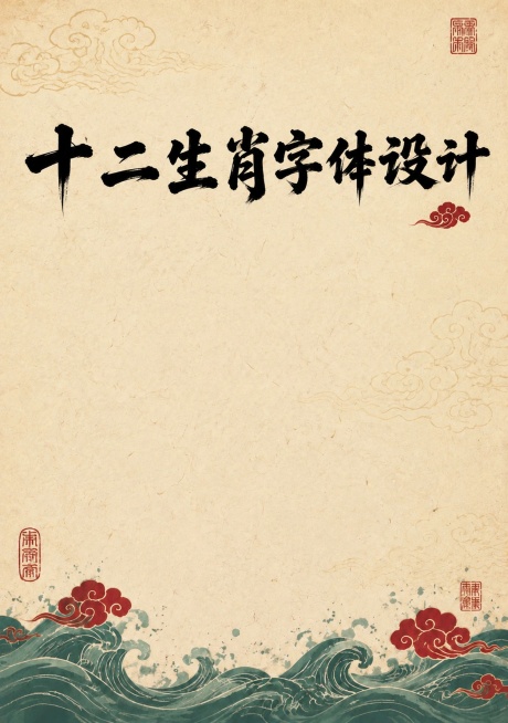 参考原图中国风国潮风格，米黄色浅宣纸质感背景，底部保留墨绿色水波纹红色云纹装饰，角落保留红色中式印章，顶部版头标题改为“十二生肖字体设计”七个大字，使用和原图一致的黑色毛笔书法字体风格，保持整体配色一预览效果