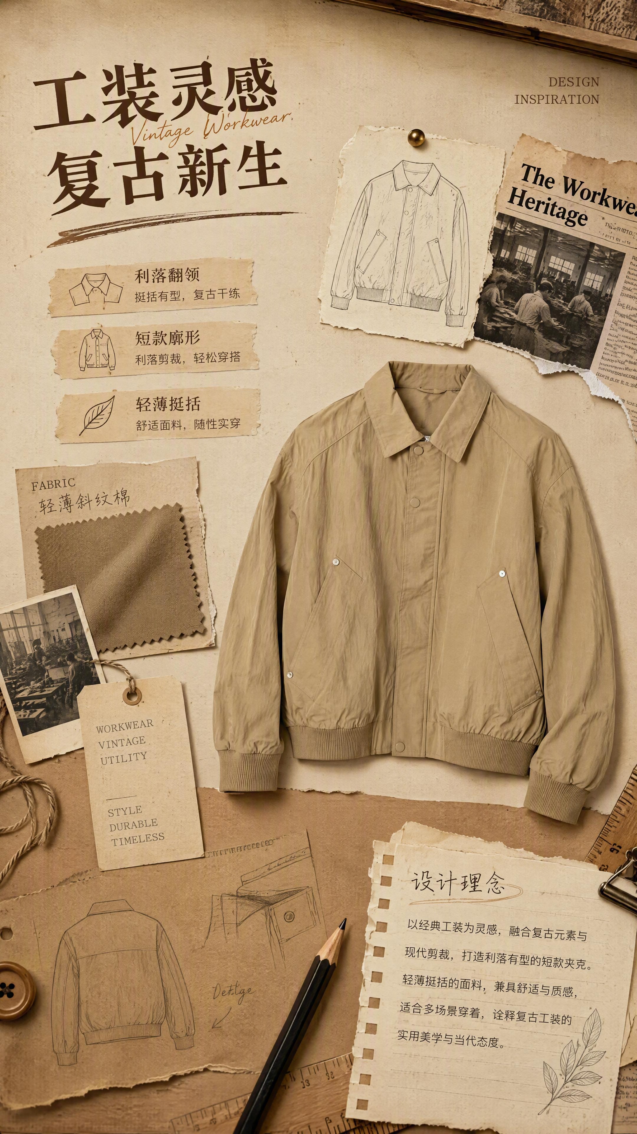 [第2张] 设计理念页-卡其色翻领短款夹克风格灵感解析。本张使… - 图片创意预览