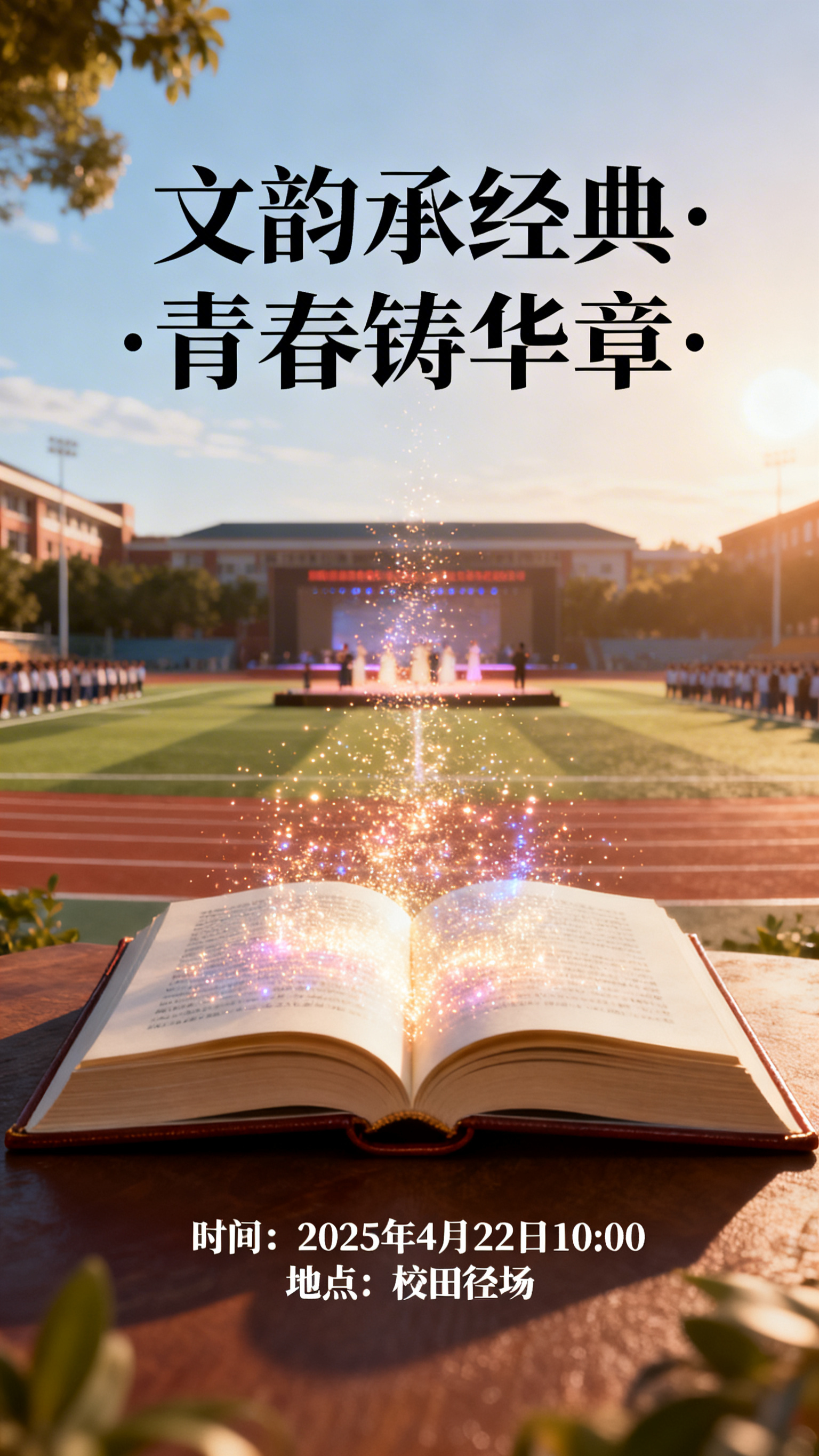 画面呈现校田径场背景，舞台有表演者，前景为发光书本。阳光氛围充… - 图片创意预览