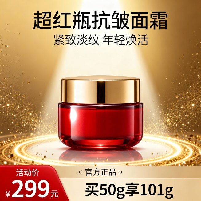 生成三张不同场景的面霜电商主图，价格“299元”，比例1:1，超红瓶 抗皱面霜 买50g享101g预览效果