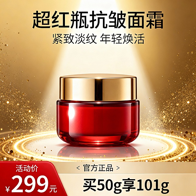生成三张不同场景的面霜电商主图，价格“299元”，比例1:1，超红瓶 抗皱面霜 买50g享101g