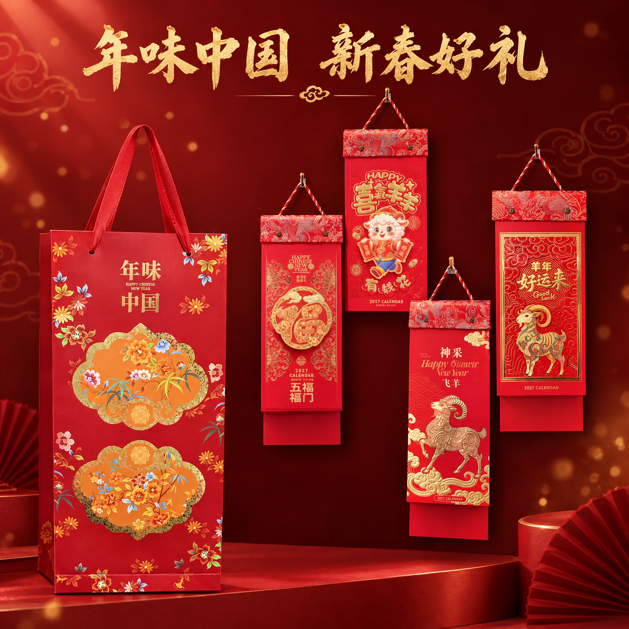 将年味中国礼袋与四款羊年撕历挂历组合在一起，生成一张淘宝主图规… - 图片创意预览