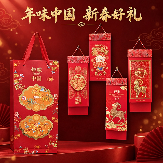 将年味中国礼袋与四款羊年撕历挂历组合在一起，生成一张淘宝主图规格的高清产品展示图，供客户欣赏。礼袋放在画面左侧，四款挂历错落悬挂在右侧和后方，形成一套完整的年礼组合。产品本身外观保持原样不变。背景为简洁的深红色渐变，搭配微弱的金色光斑和祥云暗纹，营造喜庆高级的年节氛围，不花哨，突出产品本身。整体为商业摄影质感，光线柔和均匀，烫金部分有金属光泽，产品细节清晰。画面上方留白处可加简短标题"年味中国 新春好礼"烫金色大字。