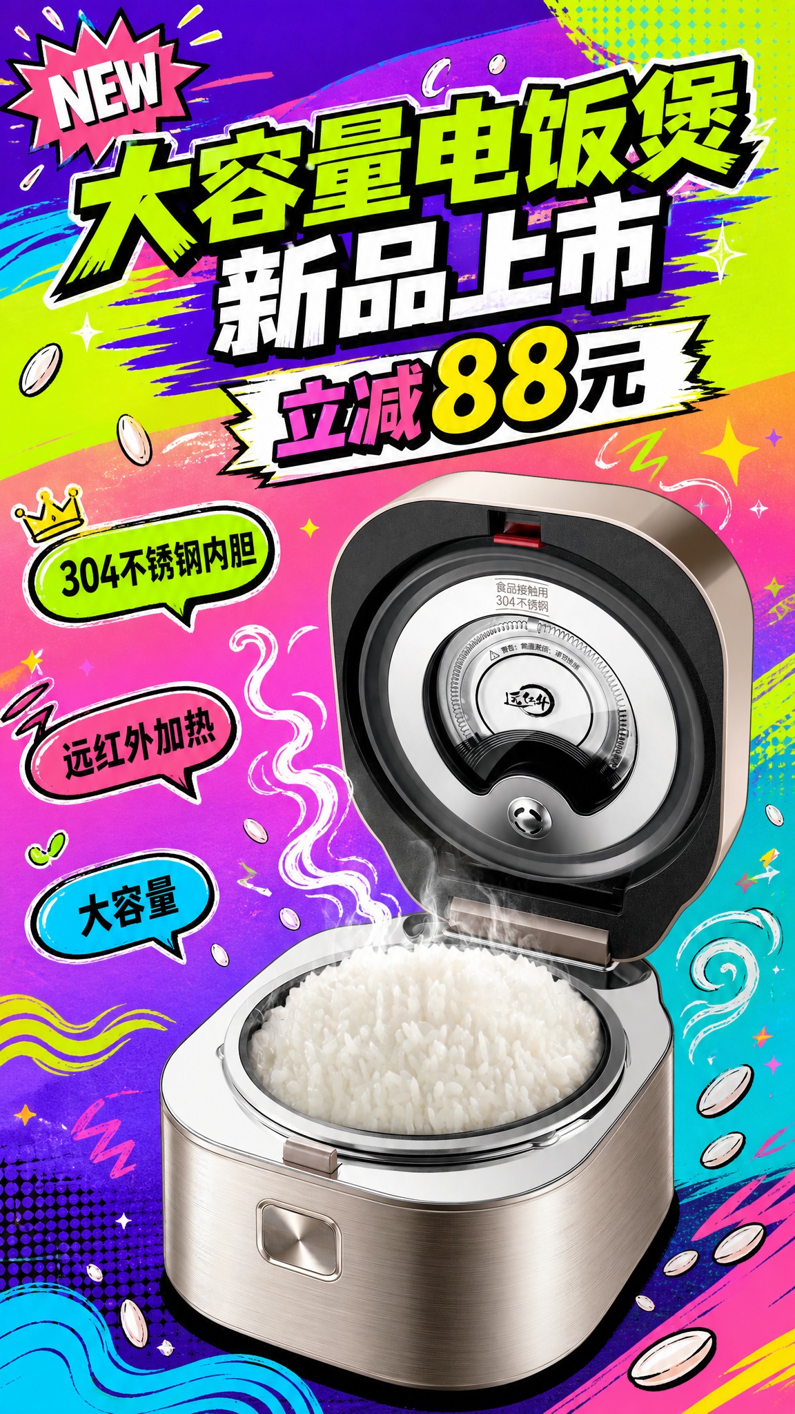 酸性风+手绘插画风电商海报，9:16竖版，电饭煲商品营销海报。… - 图片创意预览