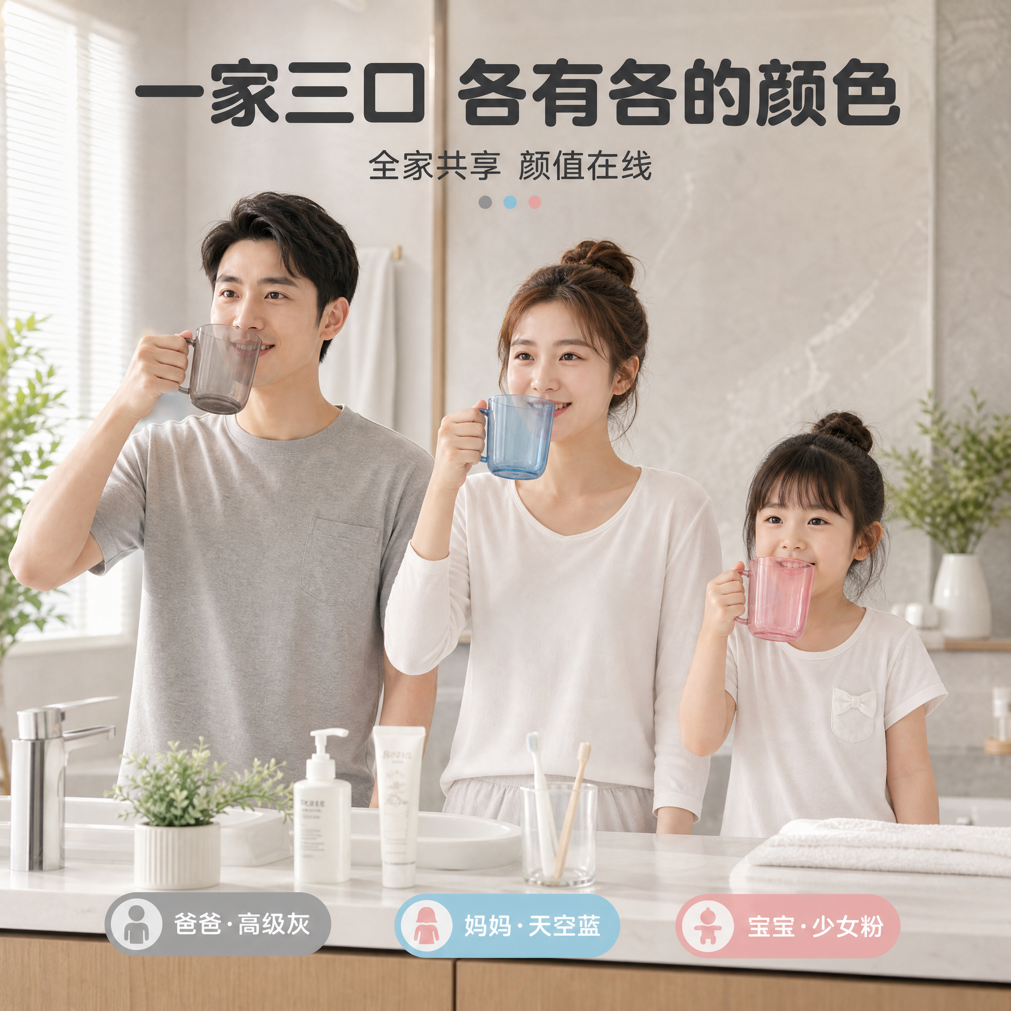 [主图-4] 一家三口家用场景，任务：展示三口之家各持一色漱口… - 图片创意预览