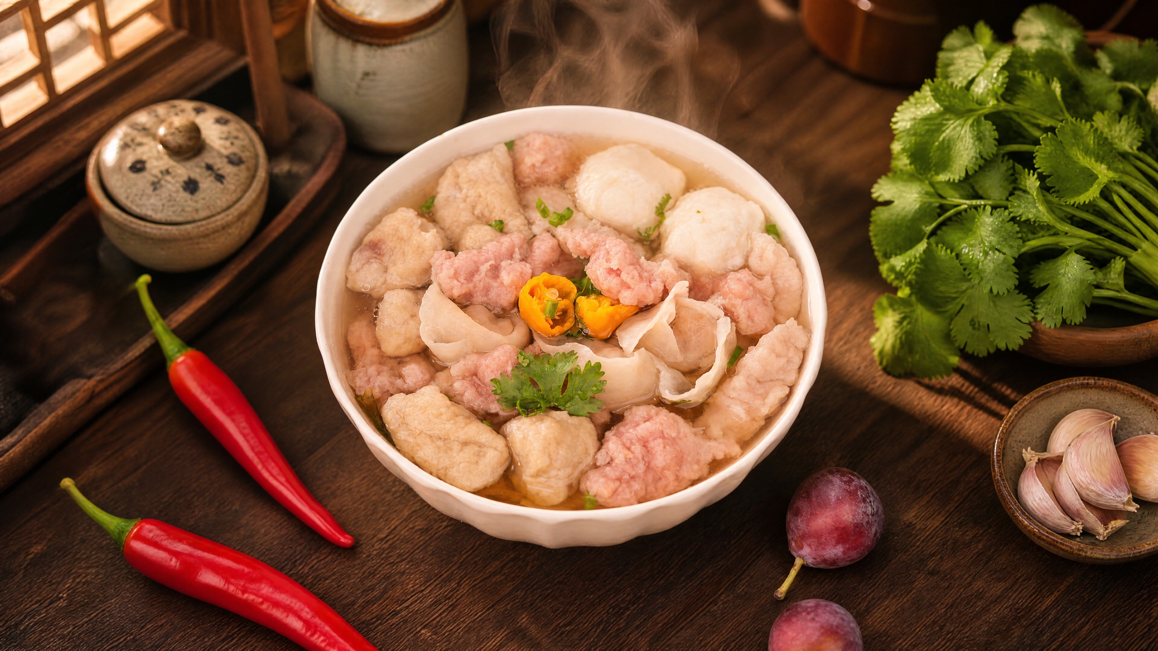 什锦汤碗严格参照上传产品图，完整保留碗的造型、汤品、肉片、肉燕… - 图片创意预览