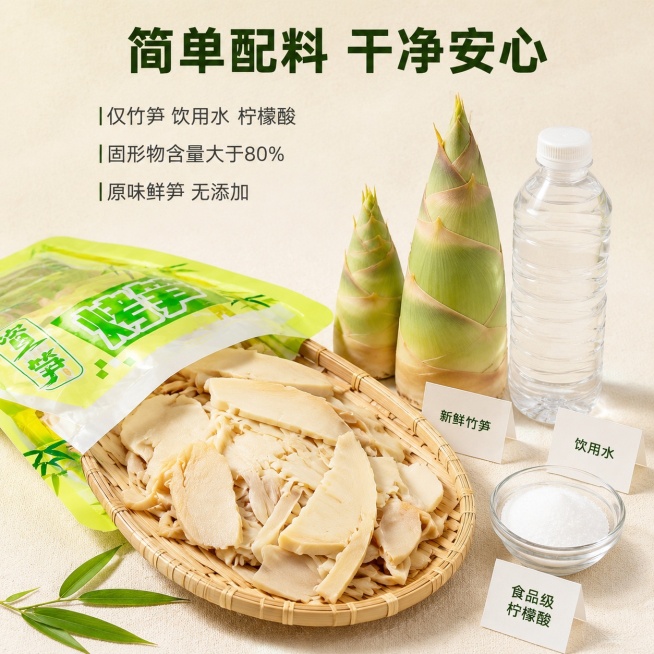 [主图-2] 烤笋核心配料卖点展示，突出纯净天然
[氛围风格] 干净简约真实食材风
[画质] 商业摄影质感、光线柔和通透、产品清晰真实、画面干净高级。
[元素] 左侧摆放打开的烤笋包装袋，倒出几片完整预览效果