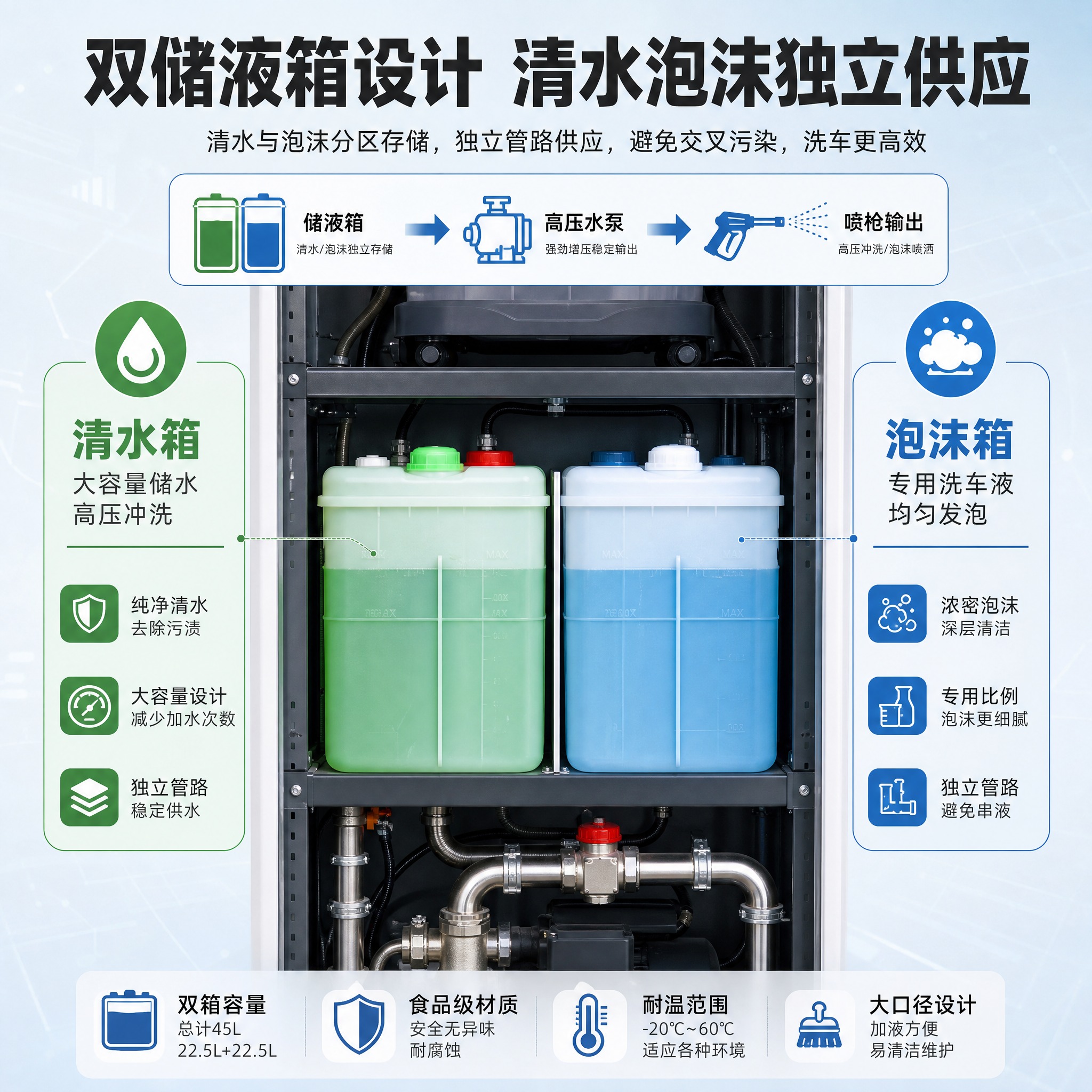 [主图-2] 自助洗车机 双储液箱系统详解 突出清水/泡沫分区… - 图片创意预览