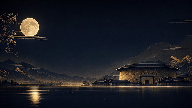 歌唱表演舞台背景，客家围楼主题，展现始兴围楼与岭南古韵，简约风格，以深色调为主，深蓝、墨黑、暗金色点缀，围楼剪影与月光交相辉映，古朴典雅，东方建筑美学，大面积留白与深色渐变，适合舞台背景使用，无任何文字，纯净画面，横版构图