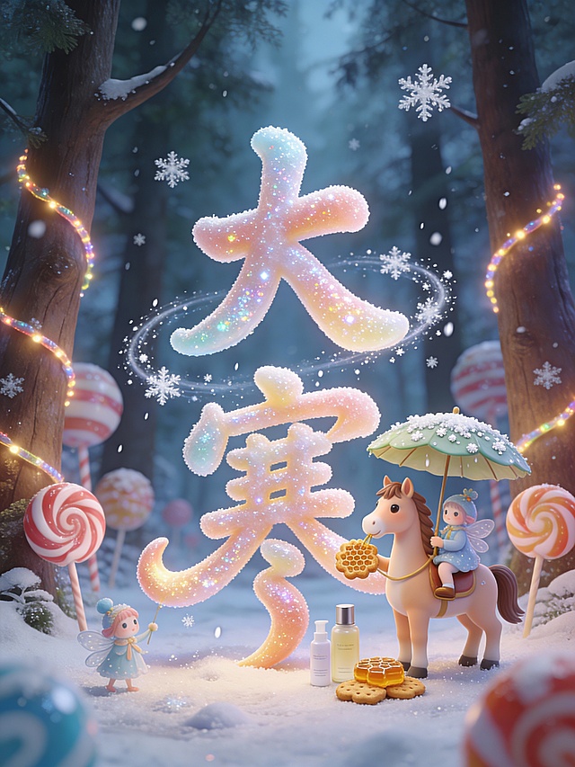 梦幻软3D风，大字“大寒”闪耀粒子光效，卡通精灵与糖果森林共融，营造冬日童话氛围，节日感十足。