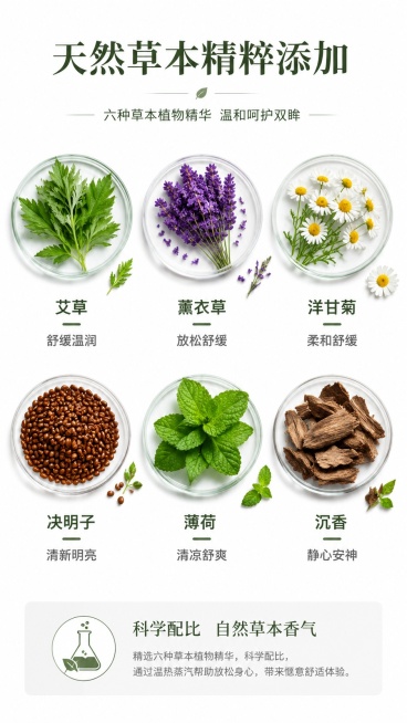 [第3屏] 成分功效页，草本蒸汽眼罩植物精华原理展示。
[氛围/风格] 专业成分科普风，自然清新，实验质感，干净通透
[元素布局] 画面主体放大展示六种草本原料图形：艾草、薰衣草、洋甘菊、决明子、薄荷预览效果