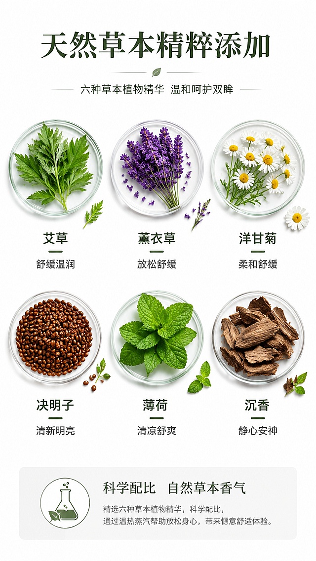 [第3屏] 成分功效页，草本蒸汽眼罩植物精华原理展示。
[氛围/风格] 专业成分科普风，自然清新，实验质感，干净通透
[元素布局] 画面主体放大展示六种草本原料图形：艾草、薰衣草、洋甘菊、决明子、薄荷、沉香，每个原料图形占比约20%，排列成两行三列网格，总占屏超过60%；每个原料配名称和功效短句；顶部主标题，底部补充说明文字；无需放置产品实物图
[光影质感] 均匀柔光灯效，草本素材清晰，干净无杂乱阴影
[配色色系] 全局底色 #FFFFFF，主色为植物原本自然色系，辅助色浅灰色文字块
[视角构图] 网格构图，从上至下：标题区→原料网格→说明区，信息层级清晰
[文字版式] 顶部主标题「天然草本精粹添加」，每个原料格子标注名称+一句话功效，例如「艾草 舒缓温润」，底部补充说明「科学配比 自然草本香气」，文字大小适配移动端清晰可读
[比例分辨率] 9:16 竖版比例，4K分辨率，文字清晰可辨，高清画质
[负向提示词] 文字过小，文字错乱，图形变形，医疗功效，虚假宣传，水印，颜色杂乱