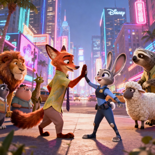 北极狐尼克和兔子朱迪在《疯狂动物城》的都市背景下击掌，周围是各种拟人化动物居民，背景有霓虹灯和高楼大厦，风格是迪士尼动画风格，比例是16:9预览效果